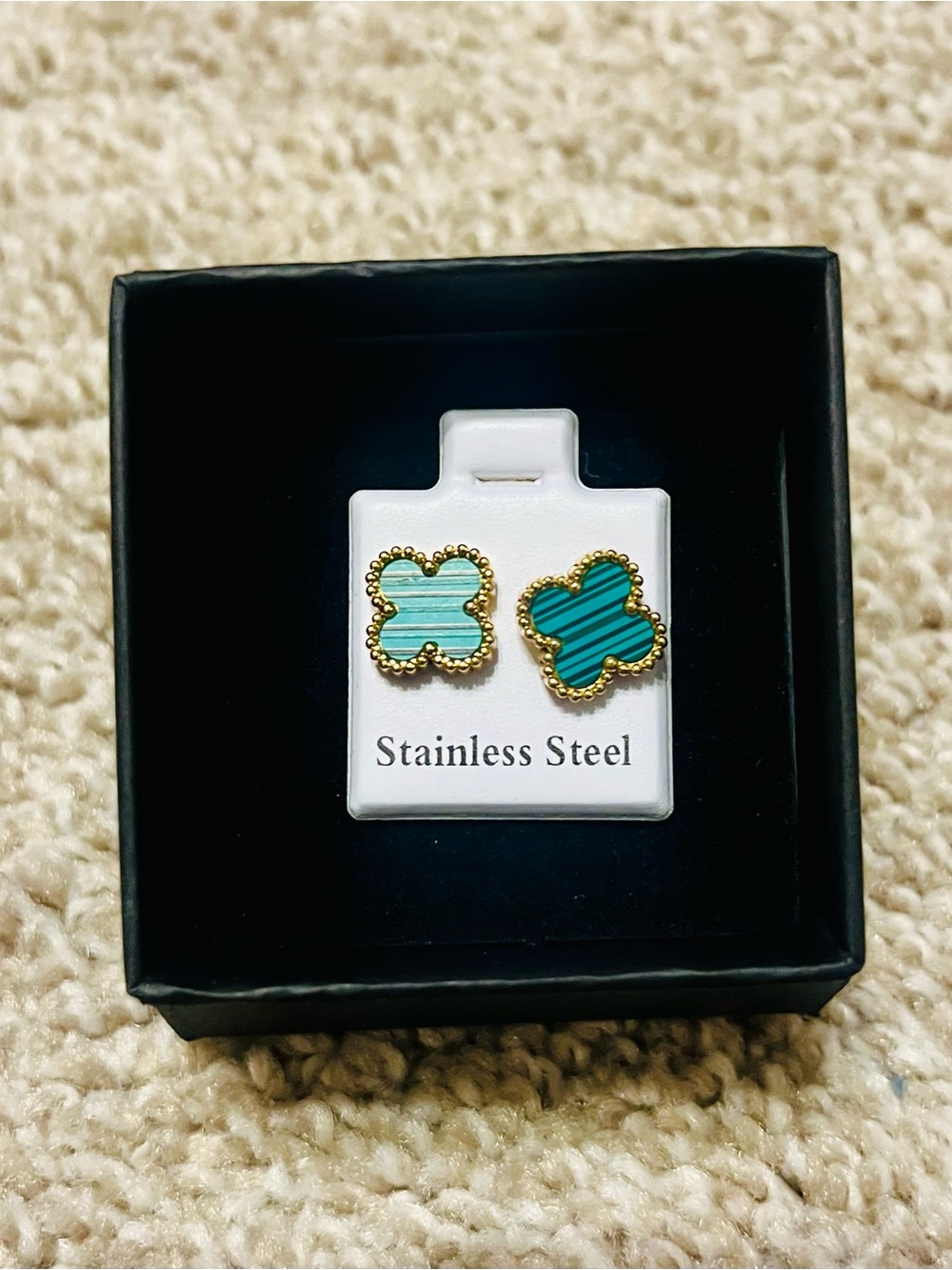 Gold-Trim Green Four-Leaf Clover Stainless Steel Stud Earrings